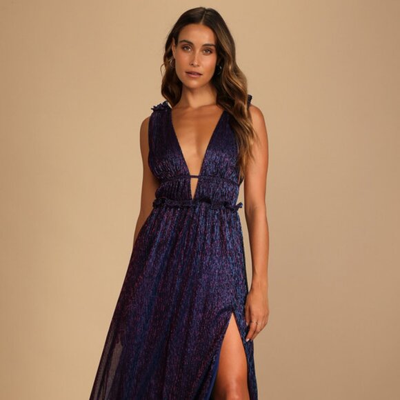 CLOSET CLOSING❗️NWT Lulus Spotlight On You Blue And Pink Metallic Maxi Dress - Picture 1 of 14